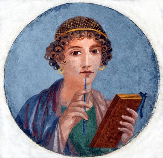 poet Sappho with pen and notebook maybe composing a wedding song