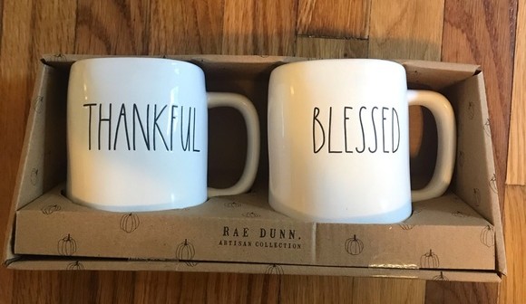 rae dunn mugs saying "thankful"